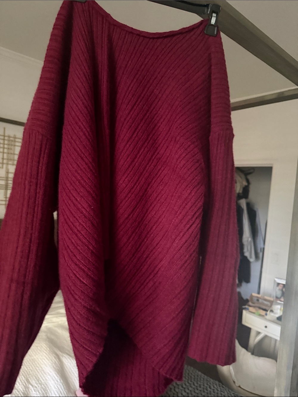 Off-the-Shoulder Ribbed Sweater - Wine - Picture 2 of 3